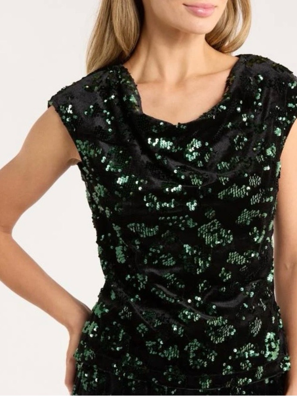 Tahari Black & Green Sequin Cowl Neck Blouse